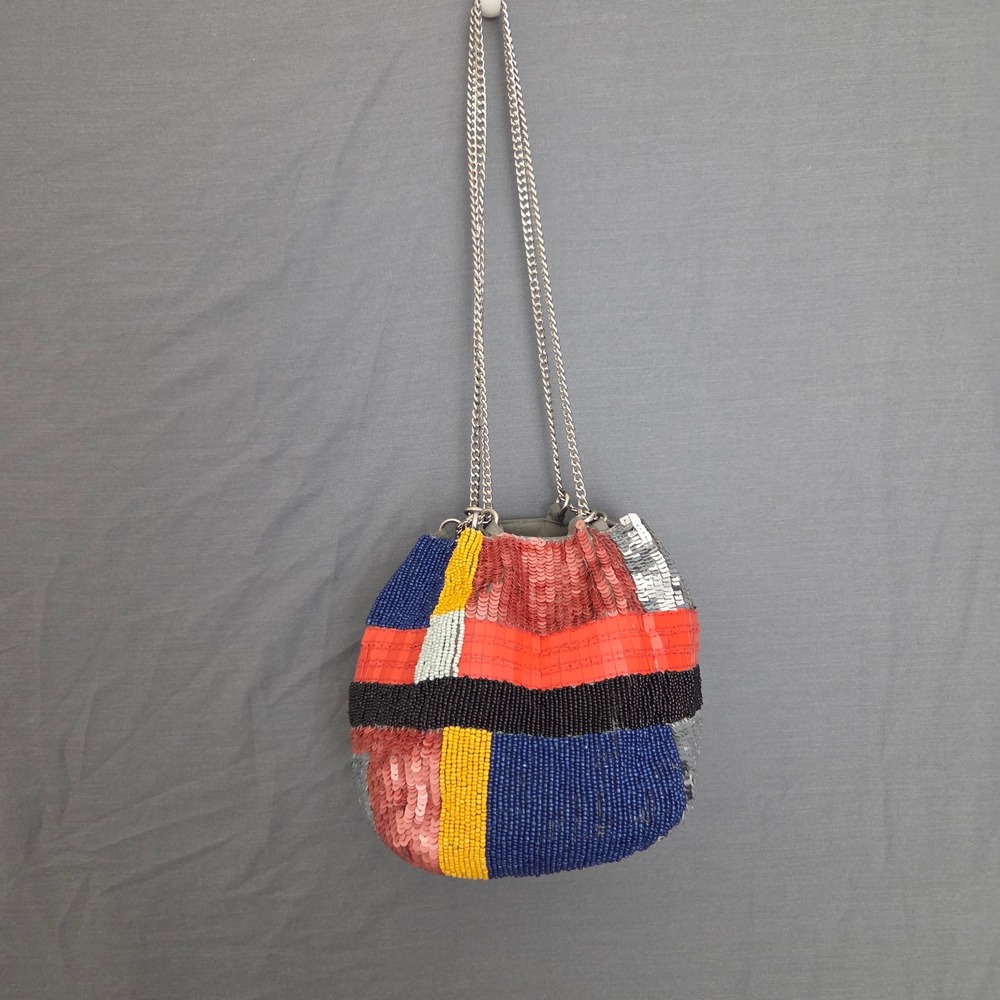 Zara Embellished Sequin Bead Colorblock Drawstring Chain Bucket Evening Handbag
